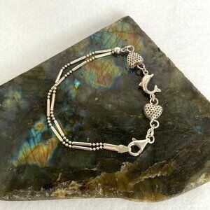 Sterling Silver 925 Dolphin Hollow Heart Long Short Chain Link Bracelet Sz 7.5"